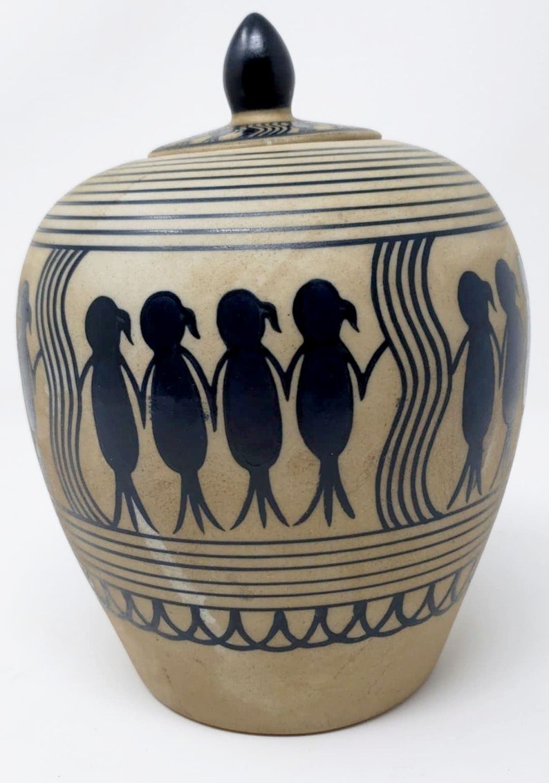 Vintage Ceramic Spice Jar with Handpainted People Figures and Geometric Art