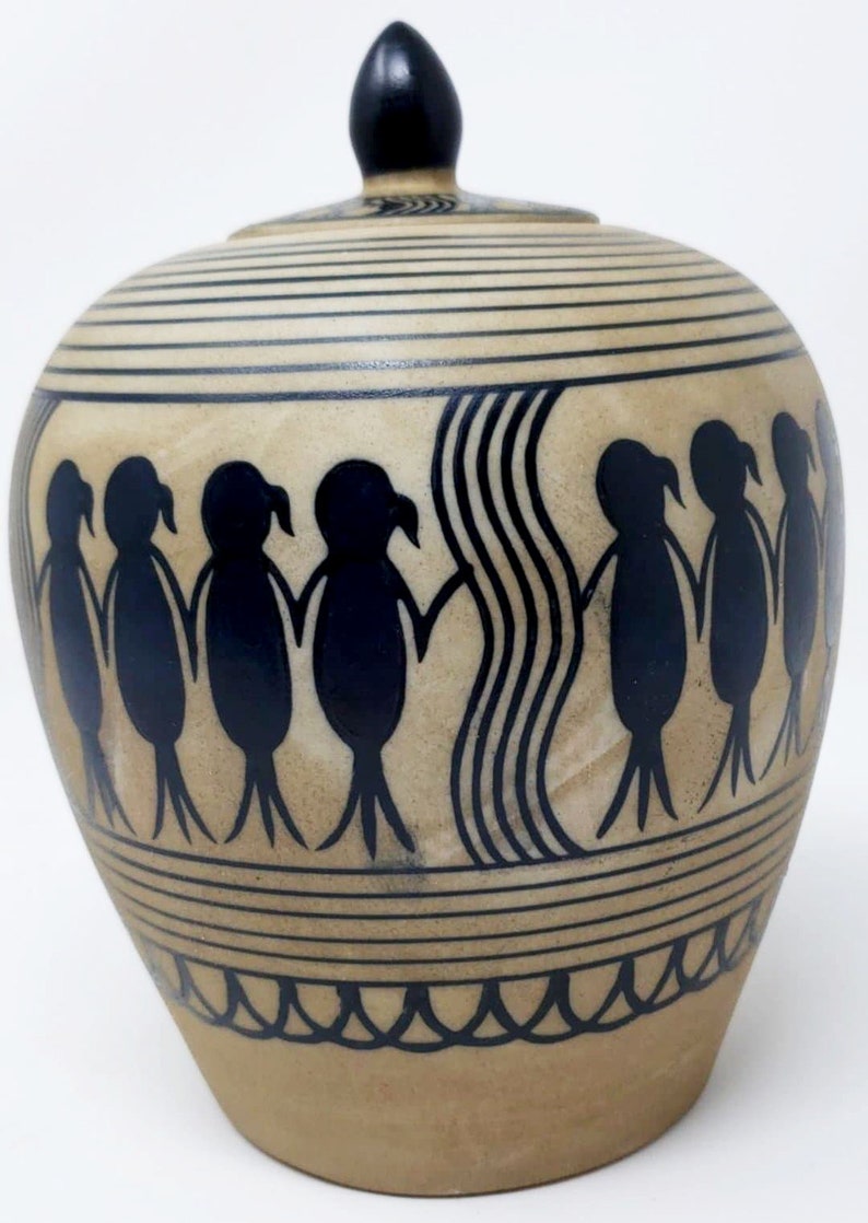 Vintage Ceramic Spice Jar with Handpainted People Figures and Geometric Art