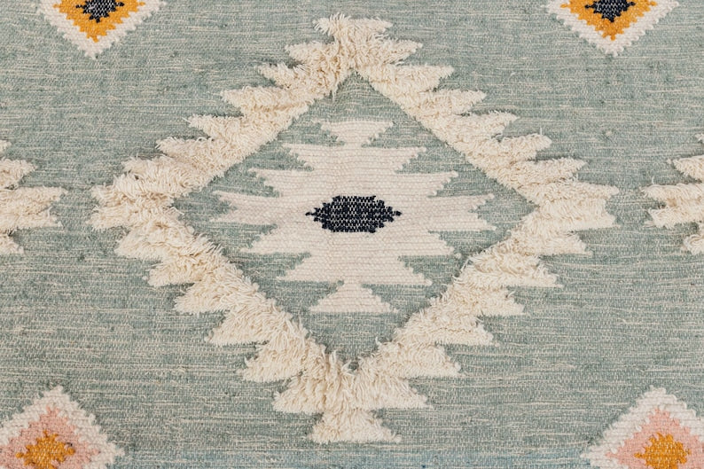 Sea-Green Wool Handwoven Moroccan Rug for Boho Decor