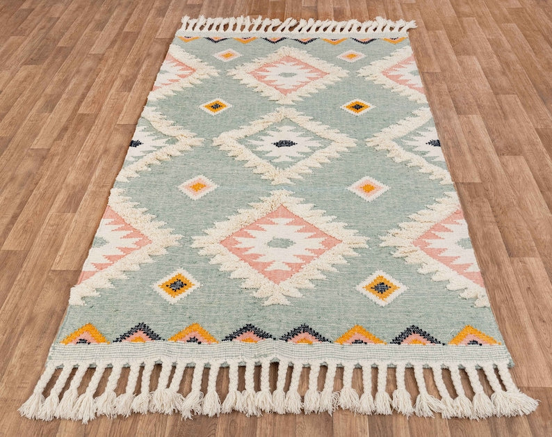 Sea-Green Wool Handwoven Moroccan Rug for Boho Decor