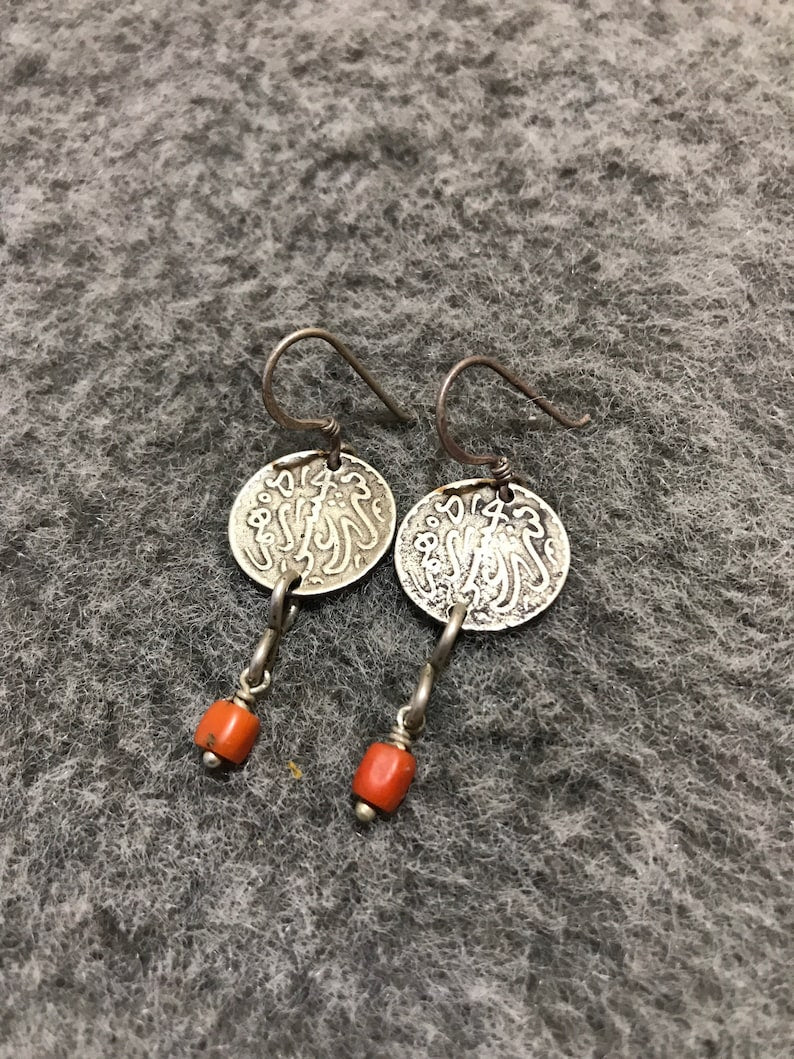 Antique Berber Silver Earrings with Coral