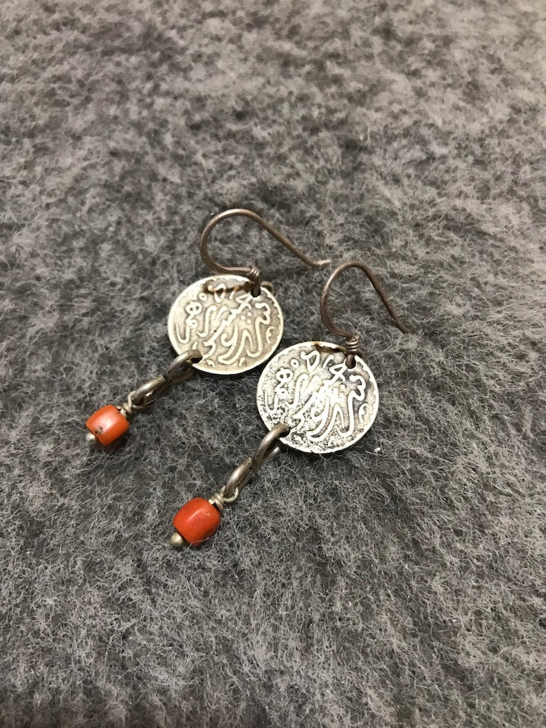 Antique Berber Silver Earrings with Coral