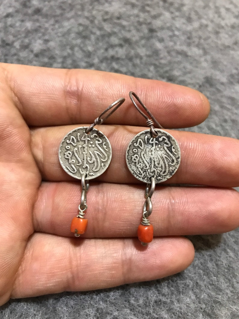 Antique Berber Silver Earrings with Coral