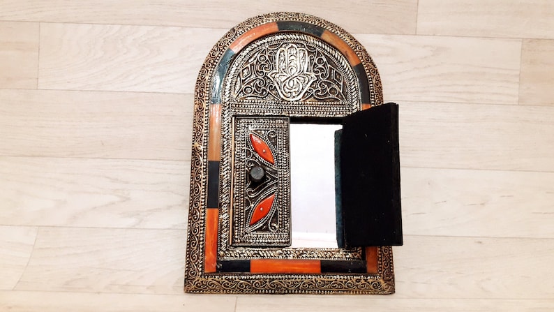 Handmade Moroccan Wall Mirror with Mosaic Wood and Bone Frame