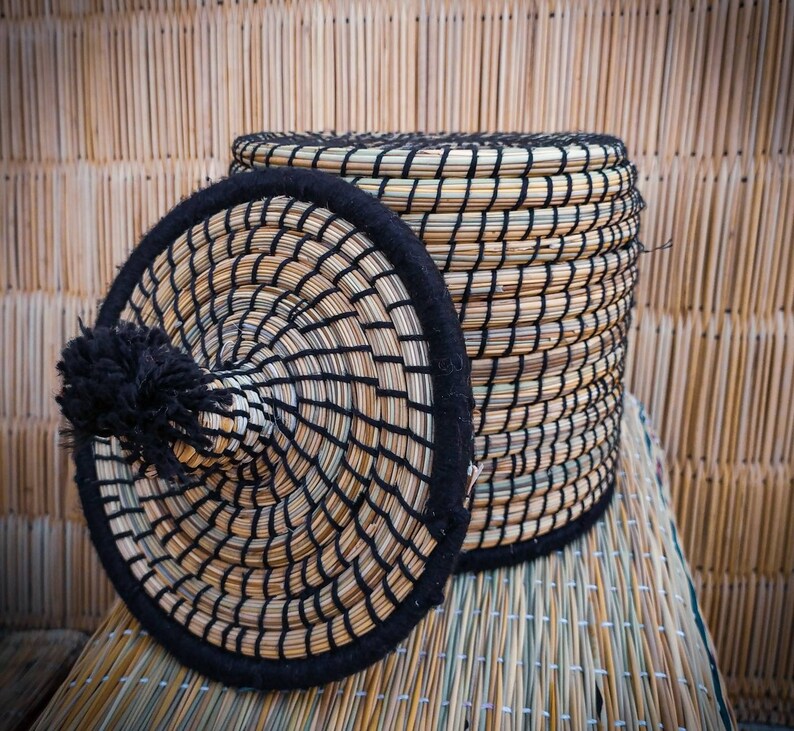 Moroccan Berber Handwoven Straw Bread Basket in Black