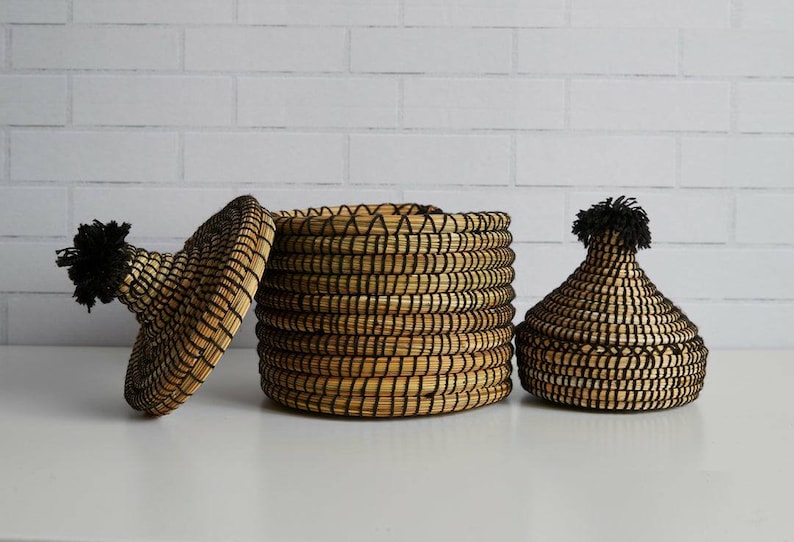 Moroccan Berber Handwoven Straw Bread Basket in Black