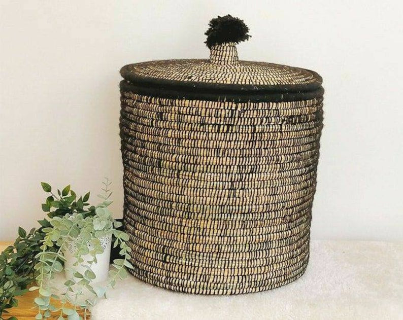 Moroccan Berber Handwoven Straw Bread Basket in Black