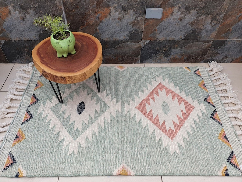 Sea-Green Wool Handwoven Moroccan Rug for Boho Decor