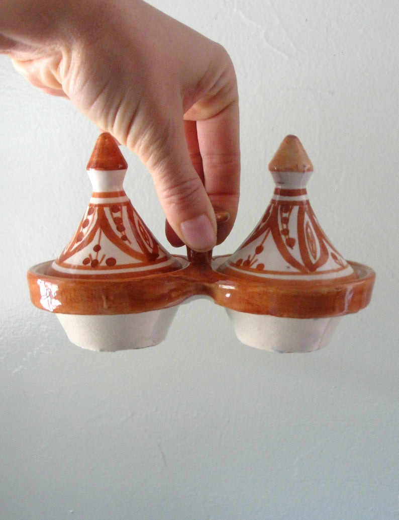 Vintage Moroccan Pottery Collection: Spice Tagine, Salt & Pepper Pots, Serving Dish