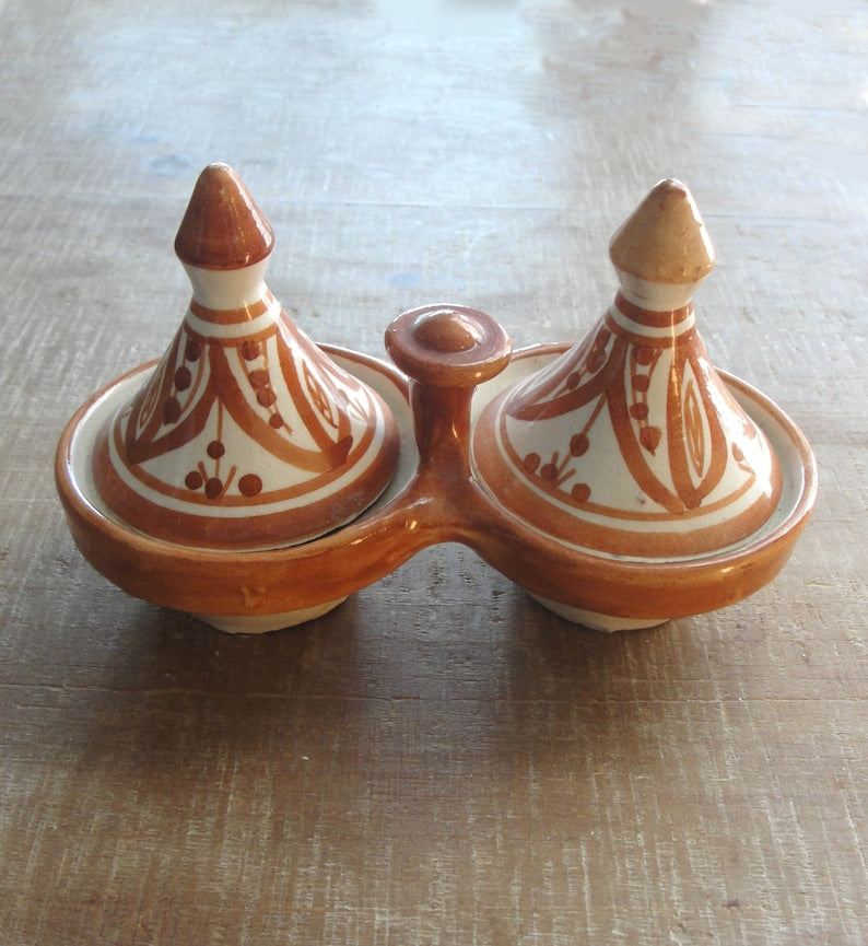 Vintage Moroccan Pottery Collection: Spice Tagine, Salt & Pepper Pots, Serving Dish