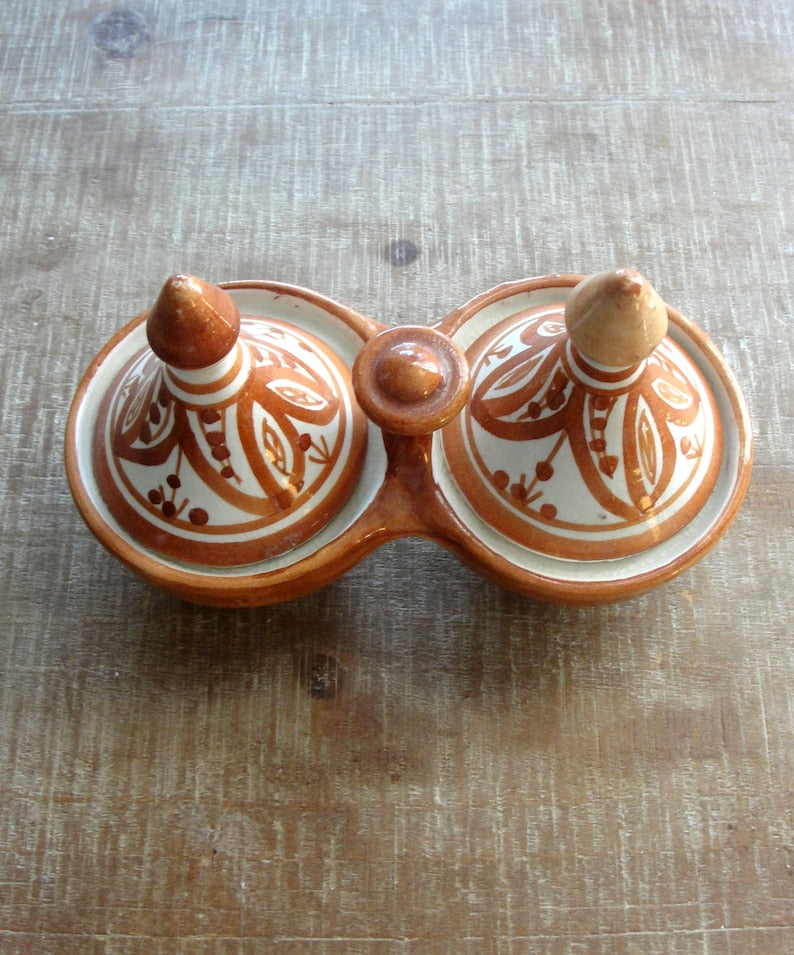 Vintage Moroccan Pottery Collection: Spice Tagine, Salt & Pepper Pots, Serving Dish