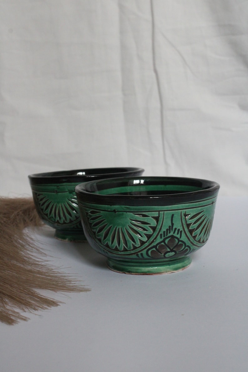 Moroccan Engraved Ceramic Bowl, Green, 10 cm