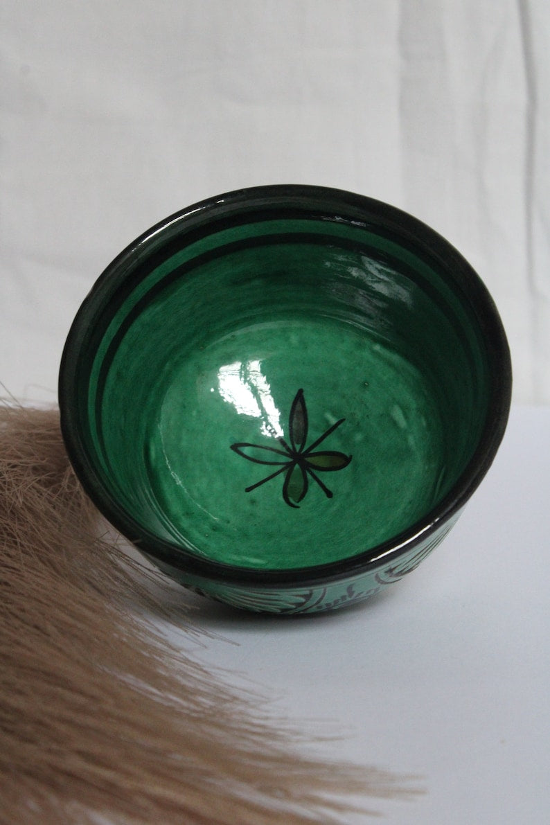 Moroccan Engraved Ceramic Bowl, Green, 10 cm