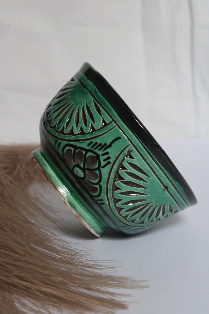 Moroccan Engraved Ceramic Bowl, Green, 10 cm