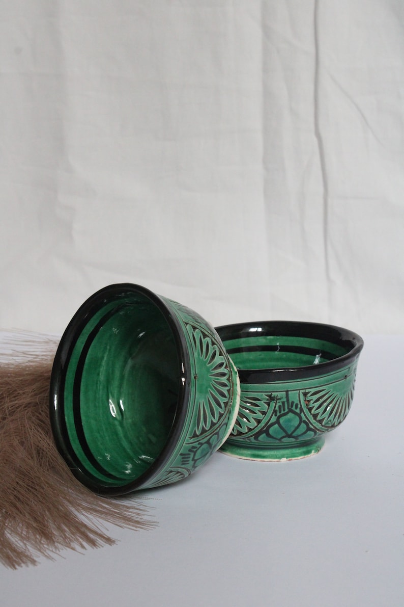 Moroccan Engraved Ceramic Bowl, Green, 10 cm