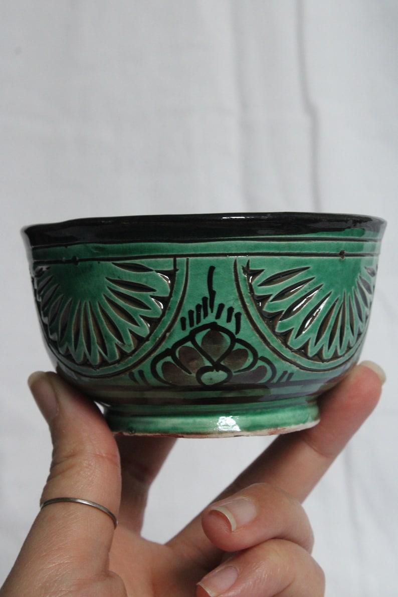 Moroccan Engraved Ceramic Bowl, Green, 10 cm