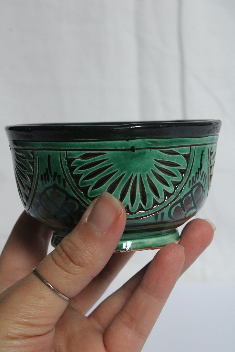 Moroccan Engraved Ceramic Bowl, Green, 10 cm