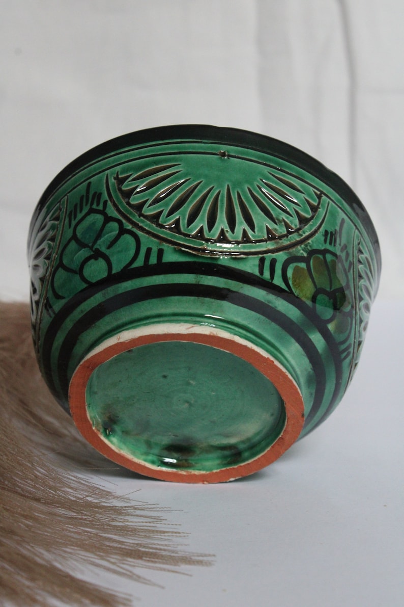 Moroccan Engraved Ceramic Bowl, Green, 10 cm