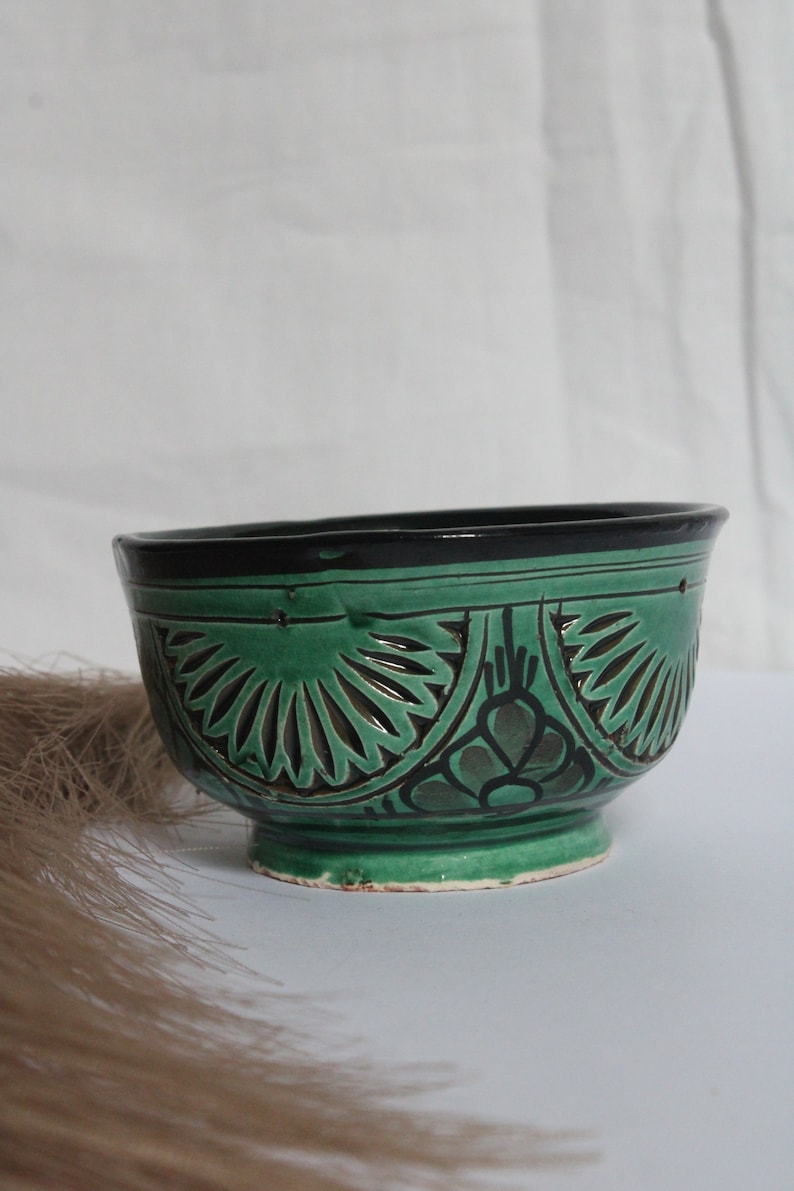 Moroccan Engraved Ceramic Bowl, Green, 10 cm