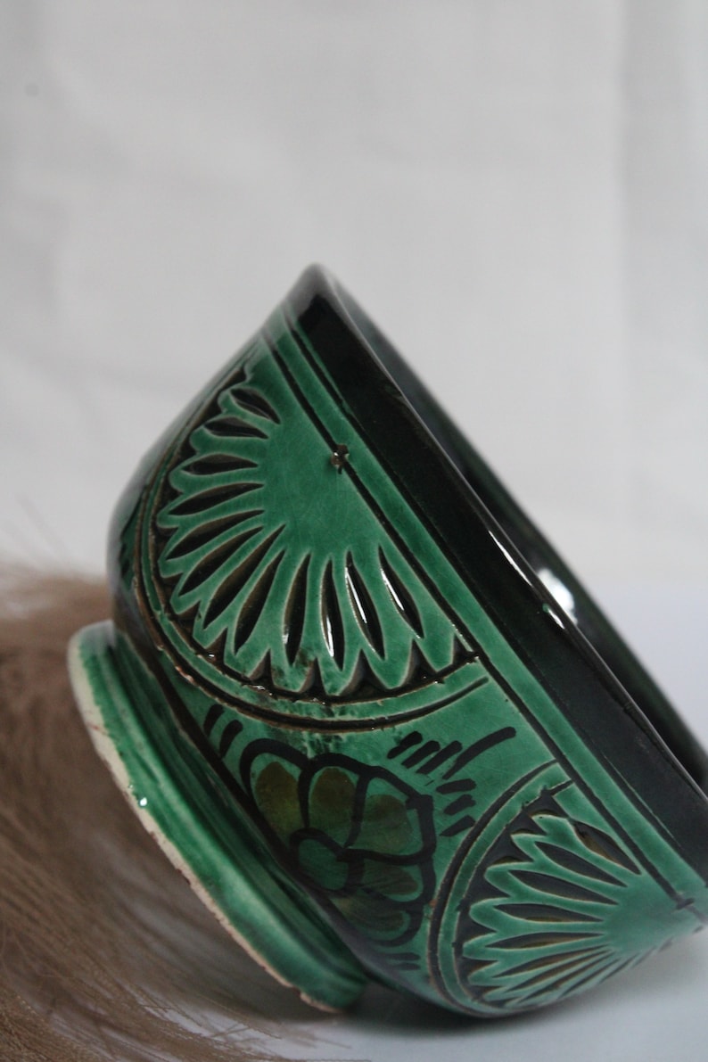 Moroccan Engraved Ceramic Bowl, Green, 10 cm