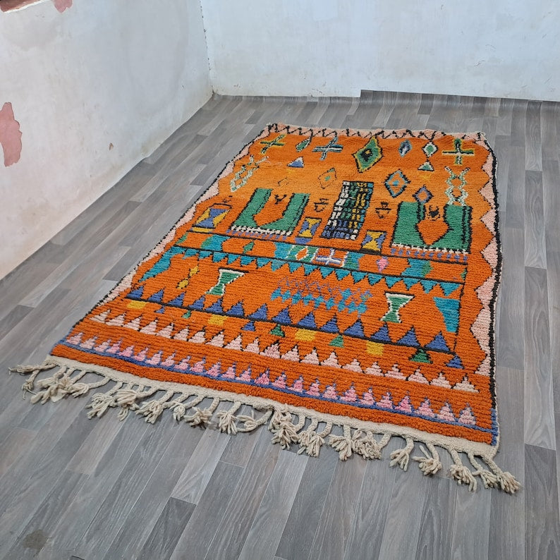 Authentic Moroccan Handwoven Wool Rug in Vibrant Orange