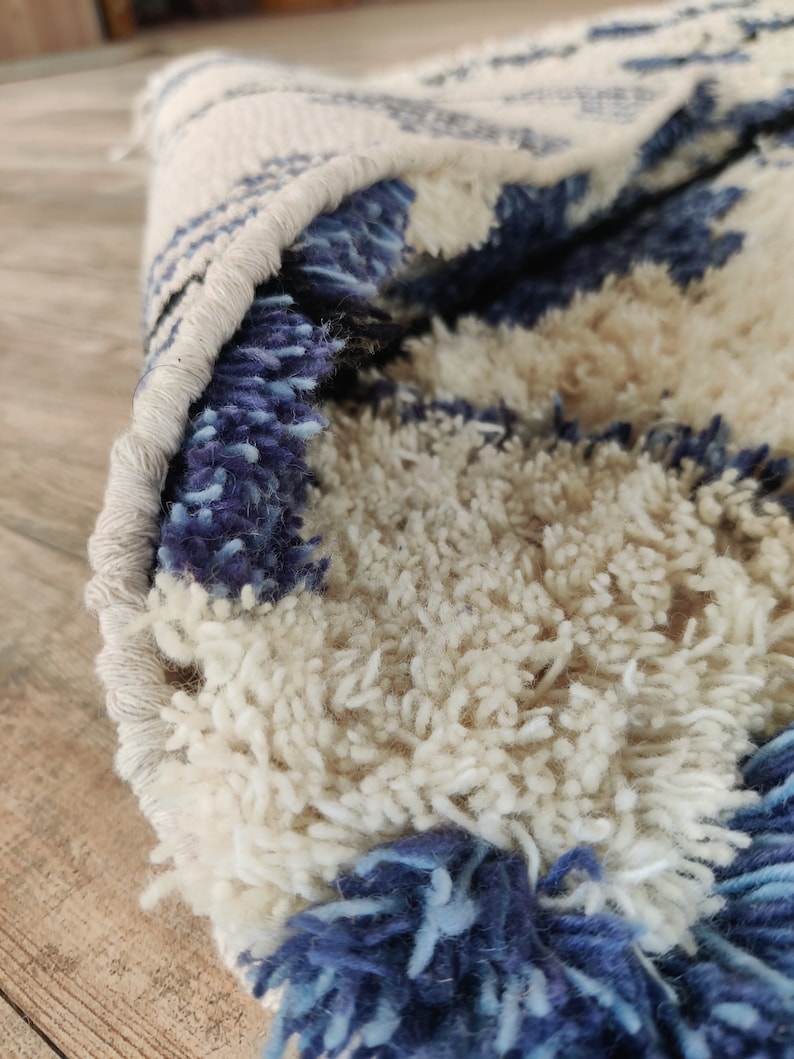 Pet-Friendly Blue and White Moroccan Wool Area Rug