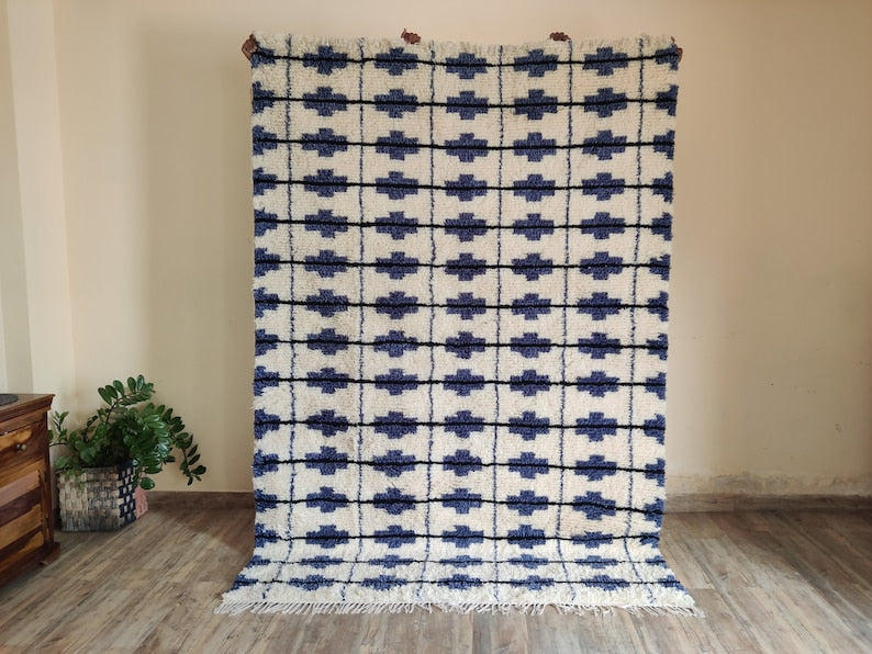 Pet-Friendly Blue and White Moroccan Wool Area Rug