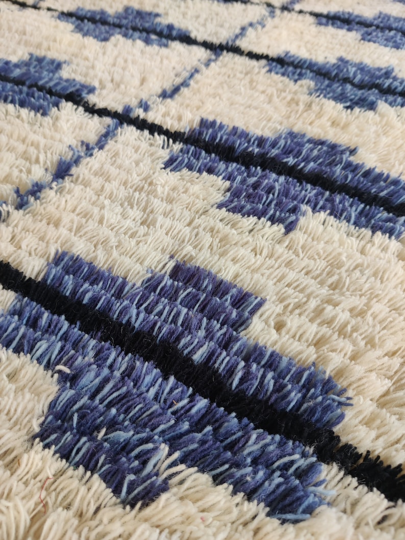 Pet-Friendly Blue and White Moroccan Wool Area Rug