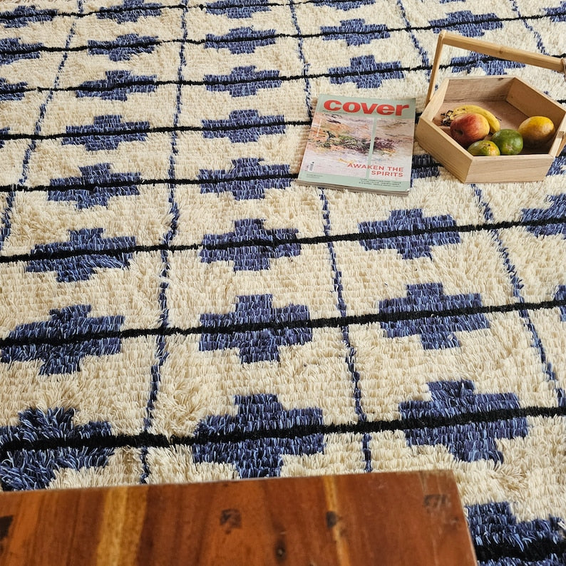 Pet-Friendly Blue and White Moroccan Wool Area Rug