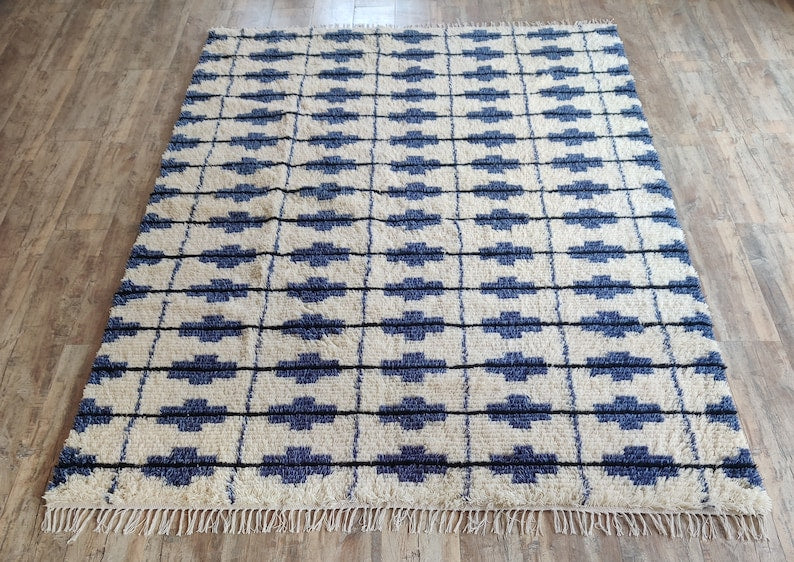 Pet-Friendly Blue and White Moroccan Wool Area Rug